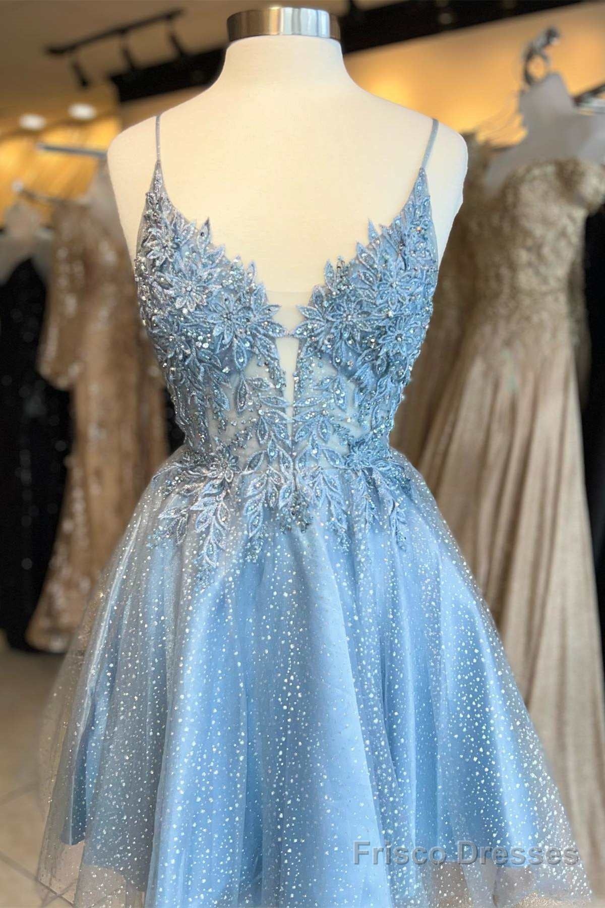 Light Blue Floral Lace Plunge Neck A-Line Short Party Dress Main image