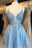 Light Blue Floral Lace Plunge Neck A-Line Short Party Dress