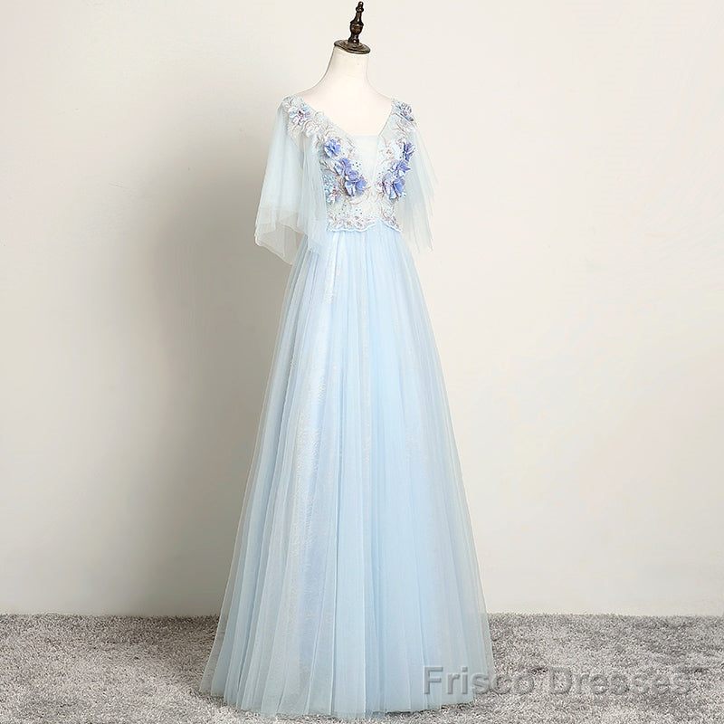 Light Blue Flower Lace V-neckline Puffy Sleeves Long Party Dress, Blue Prom Dress Evening Dress Main image