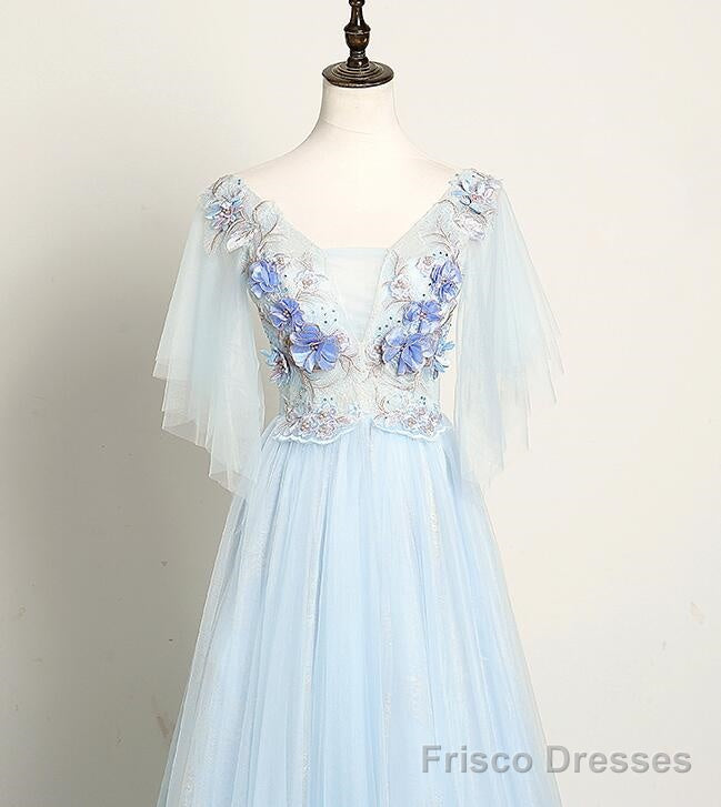Light Blue Flower Lace V-neckline Puffy Sleeves Long Party Dress, Blue Prom Dress Evening Dress