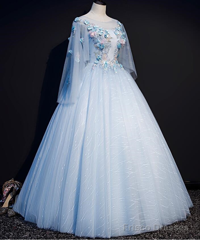 Light Blue Flowers Lace Round Neckline Ball Gown Sweet 16 Dress, Blue Long Formal Dresses Secondary image