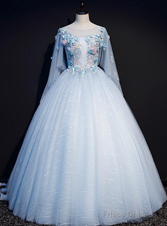 Light Blue Flowers Lace Round Neckline Ball Gown Sweet 16 Dress, Blue Long Formal Dresses Main image