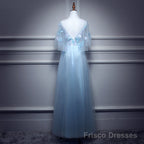Light Blue Flowers Long Party Dress, A-line Tulle Party Dress Evening Dress