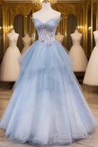 Light Blue Gradient Tulle With Beaded Long Formal Dress, Light Blue Long Formal Prom Dress