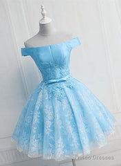 Light Blue Lace And Satin Short Party Dress, Blue Homecoming Dress
