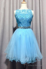 Light Blue Lace Appliques Short Homecoming Dress