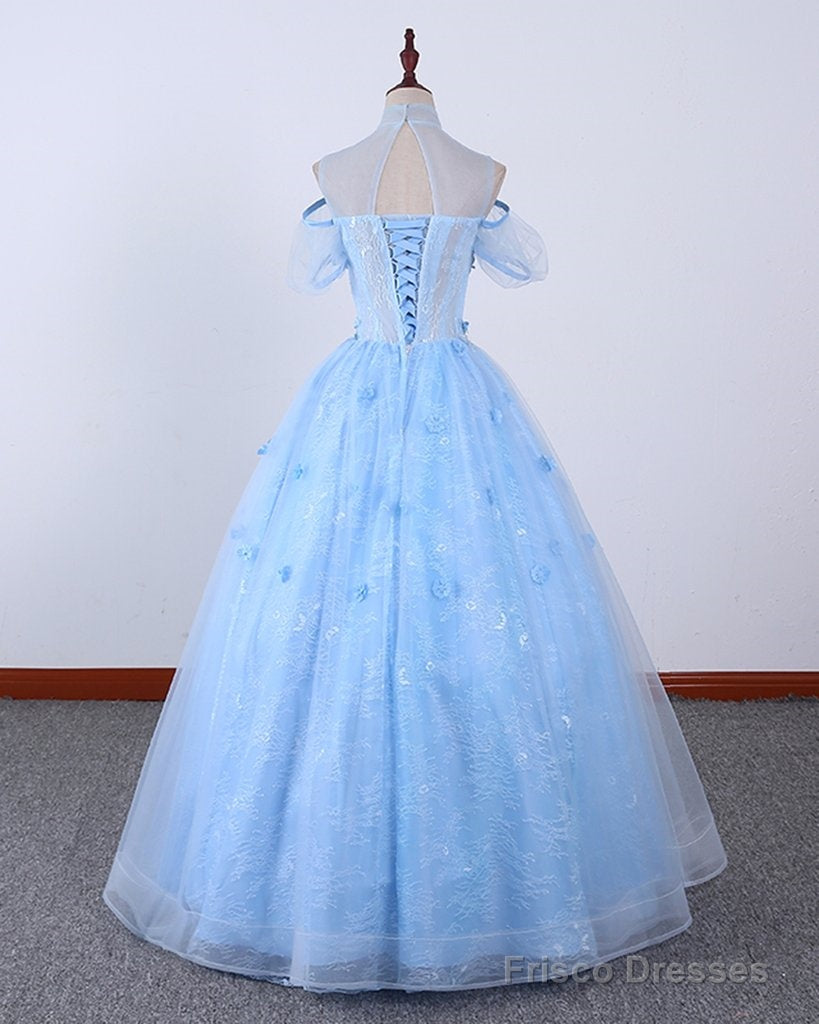 Light Blue Lace High Neck Lace Applique Ball Gown, Lace Sweet 16 Dress, Prom Dress Secondary image