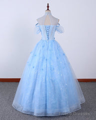Light Blue Lace High Neck Lace Applique Ball Gown, Lace Sweet 16 Dress, Prom Dress