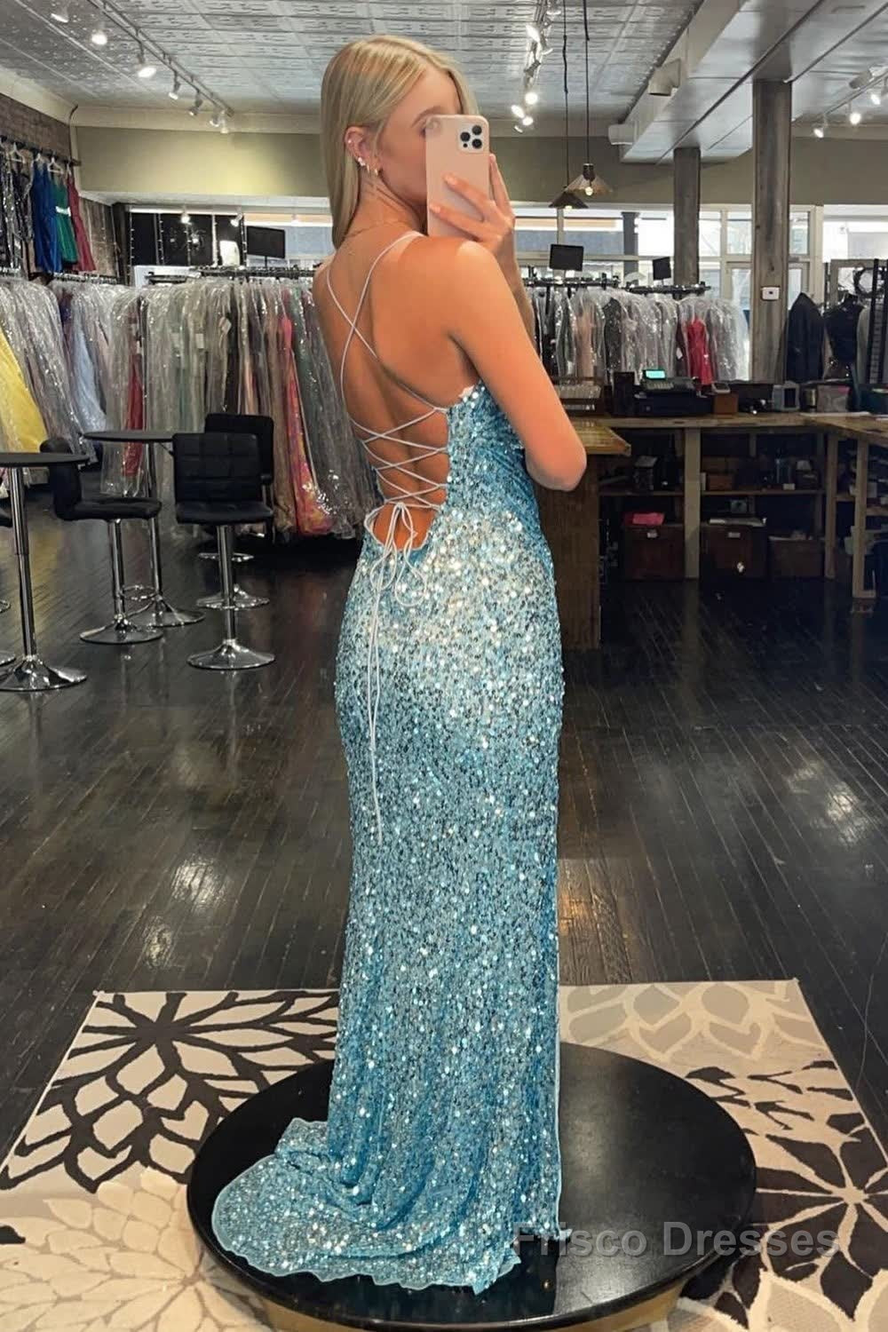 Light Blue Lace-Up Back Sequins Prom Dress with Slit Secondary image