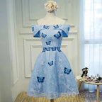 Light Blue Lace With Butterflies Short Homecoming Dress, Blue Formal Prom Dress