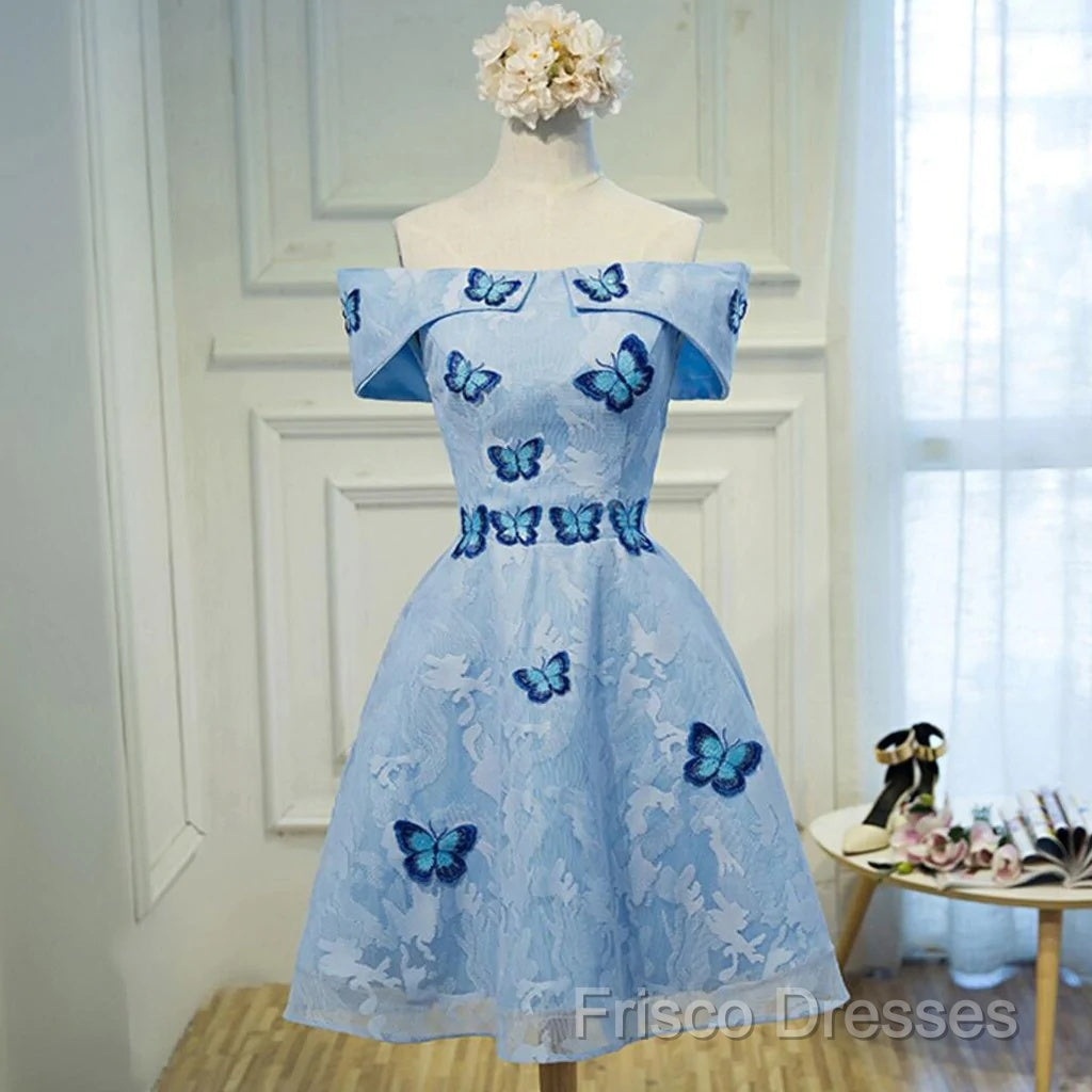 Light Blue Lace With Butterflies Short Homecoming Dress, Blue Formal Prom Dress