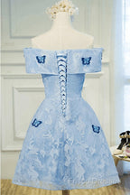 Light Blue Lace With Butterflies Short Homecoming Dress, Blue Formal Prom Dress