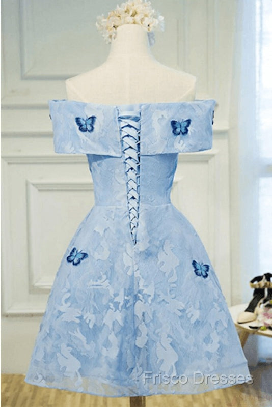 Light Blue Lace With Butterflies Short Homecoming Dress, Blue Formal Prom Dress