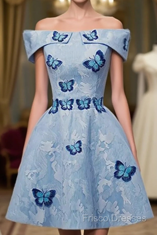 Light Blue Lace With Butterflies Short Homecoming Dress, Blue Formal Prom Dress Main image