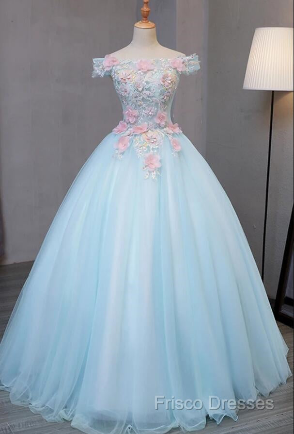 Light Blue Long Floral Tulle Sweet 16 Dress, Quinceanera Dress Secondary image
