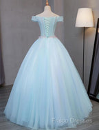 Light Blue Long Floral Tulle Sweet 16 Dress, Quinceanera Dress