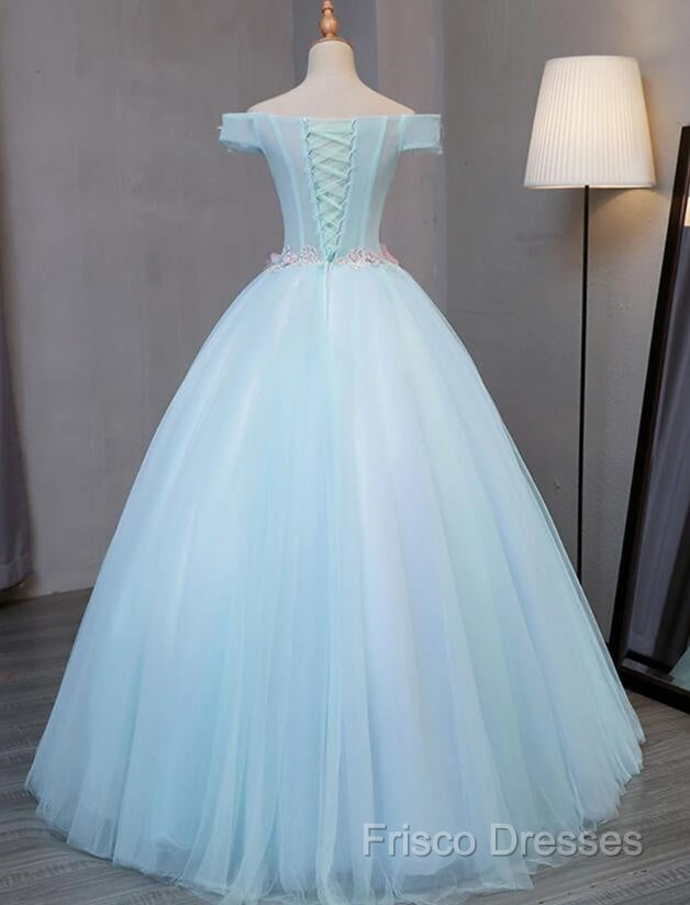 Light Blue Long Floral Tulle Sweet 16 Dress, Quinceanera Dress