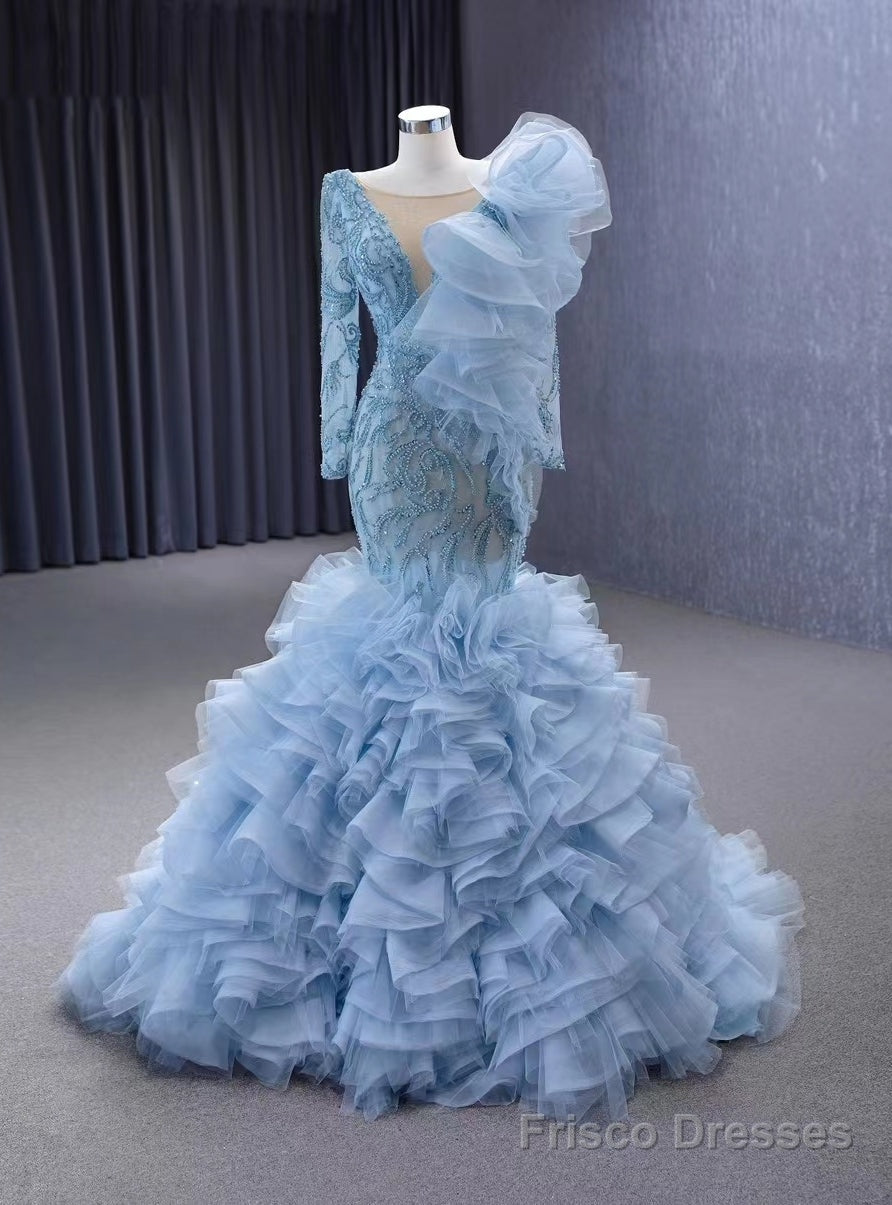 Light Blue Mermaid Tulle Beading Prom Dress Main image