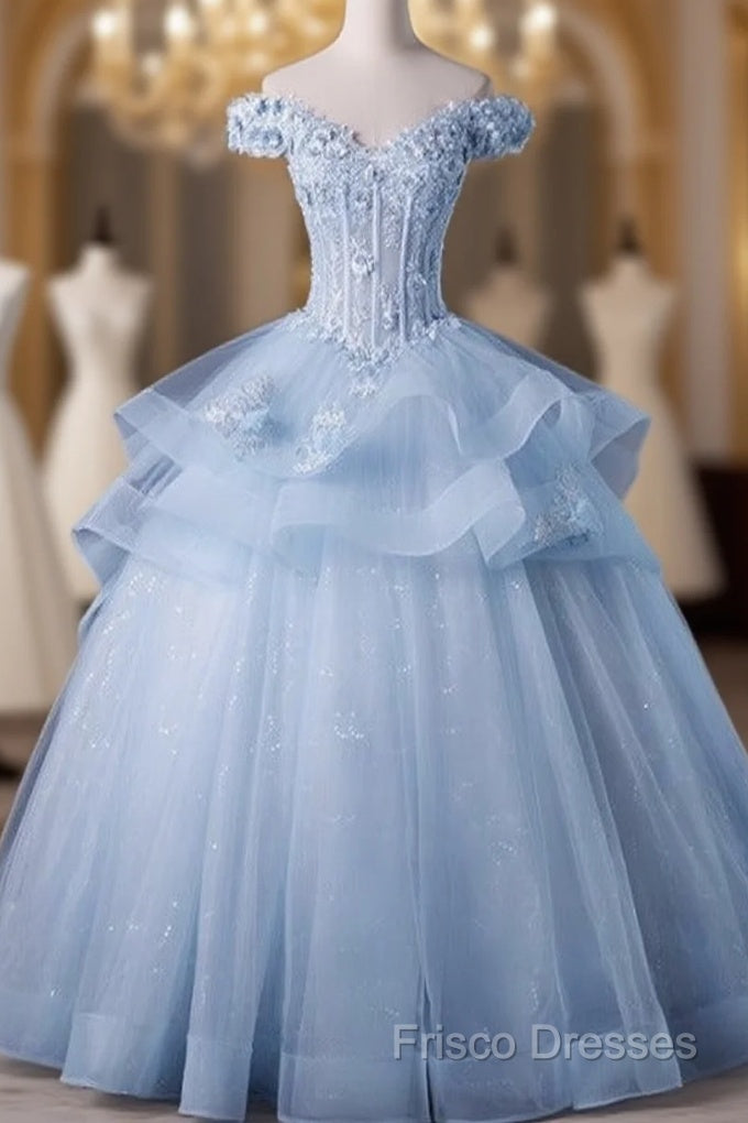 Light Blue Off Shoulder Lace Applique Ball Gown Formal Dress, Blue Sweet 16 Gown