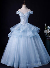 Light Blue Off Shoulder Lace Applique Ball Gown Formal Dress, Blue Sweet 16 Gown