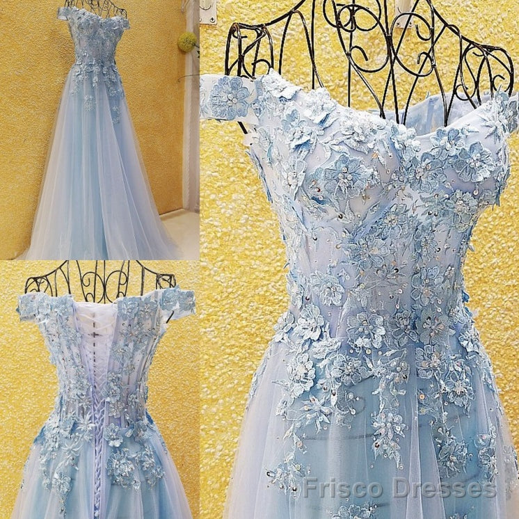 Light Blue Off Shoulder Long Party Dress with Flowers, Tulle Blue Evening Dress Prom Dress Main image