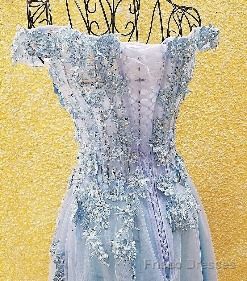 Light Blue Off Shoulder Long Party Dress with Flowers, Tulle Blue Evening Dress Prom Dress