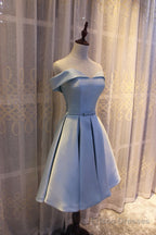 Light Blue Off Shoulder Satin Bridesmaid Dress, Blue Short Formal Dress