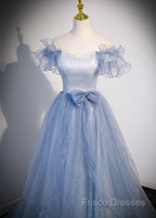 Light Blue Off Shoulder Tulle Sweetheart Formal Dress, Light Blue A-Line Formal Prom Dress