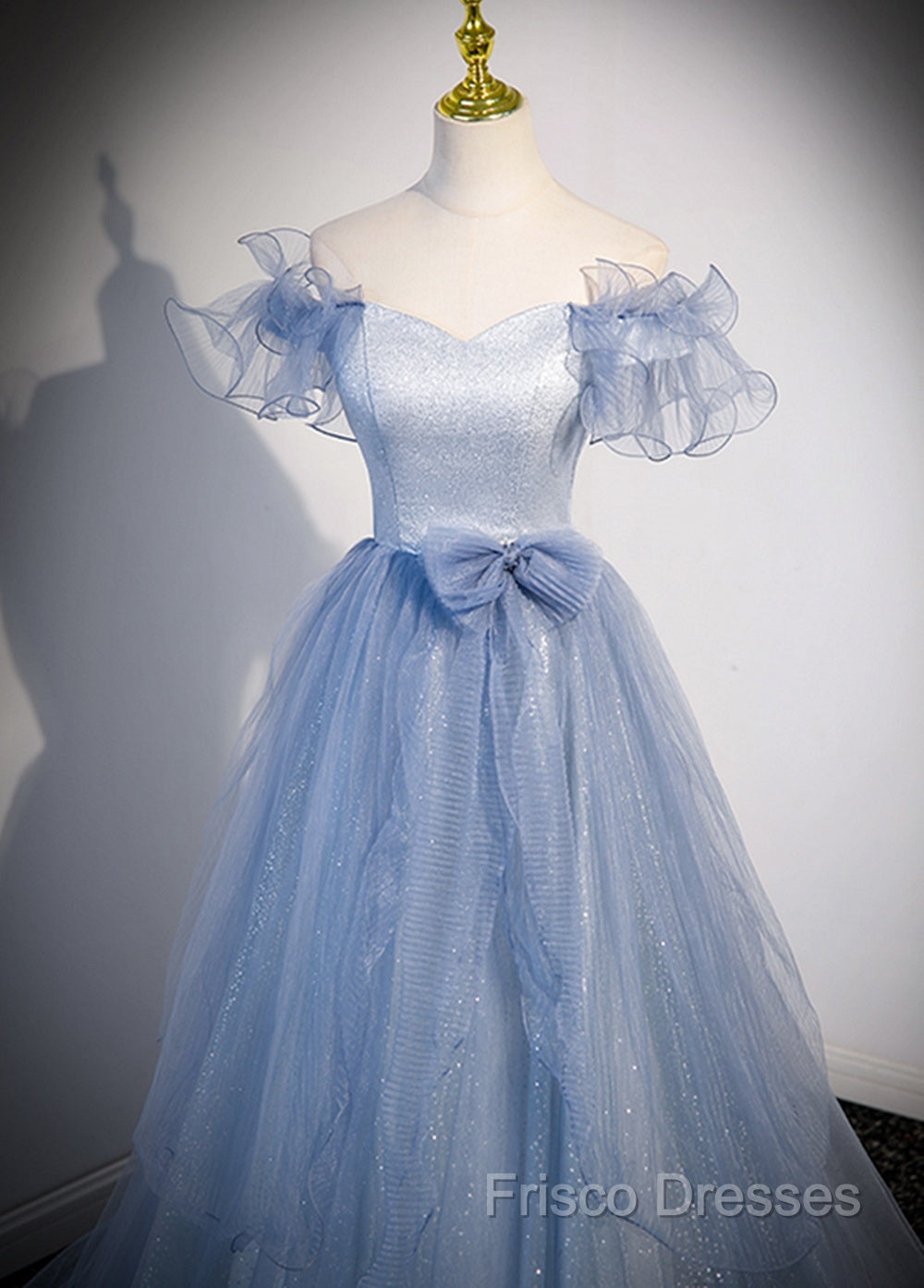 Light Blue Off Shoulder Tulle Sweetheart Formal Dress, Light Blue A-Line Formal Prom Dress