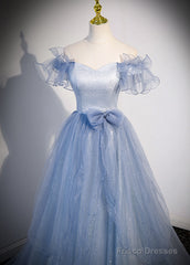 Light Blue Off Shoulder Tulle Sweetheart Formal Dress, Light Blue A-Line Prom Dress