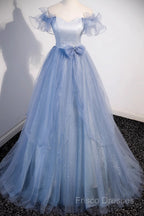 Light Blue Off Shoulder Tulle Sweetheart Formal Dress, Light Blue A-Line Formal Prom Dress