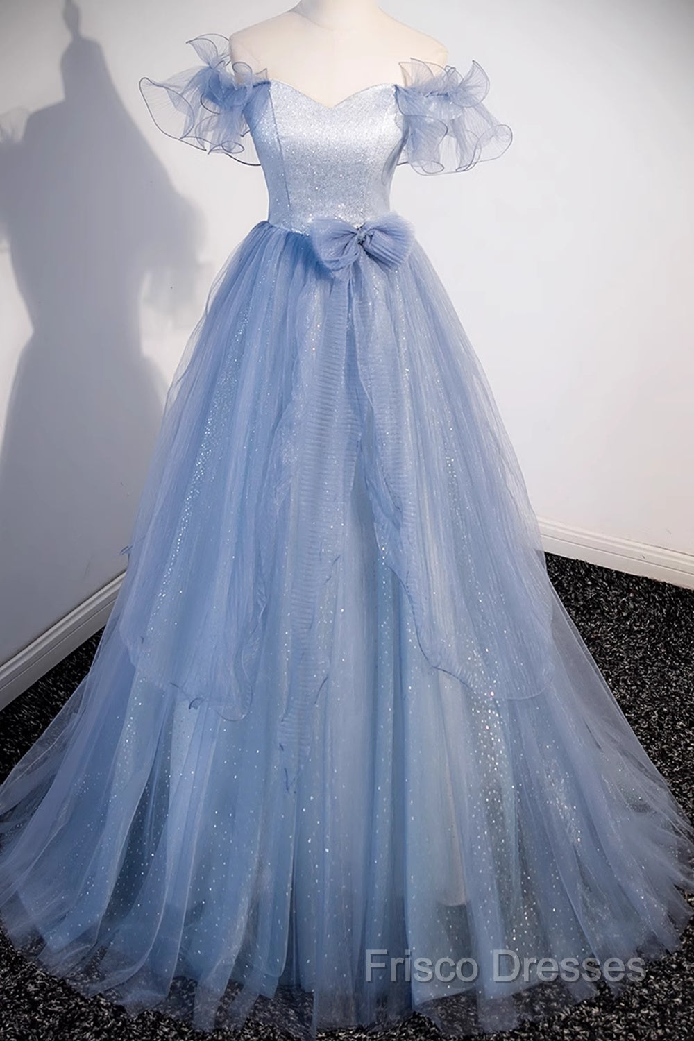 Light Blue Off Shoulder Tulle Sweetheart Formal Dress, Light Blue A-Line Formal Prom Dress