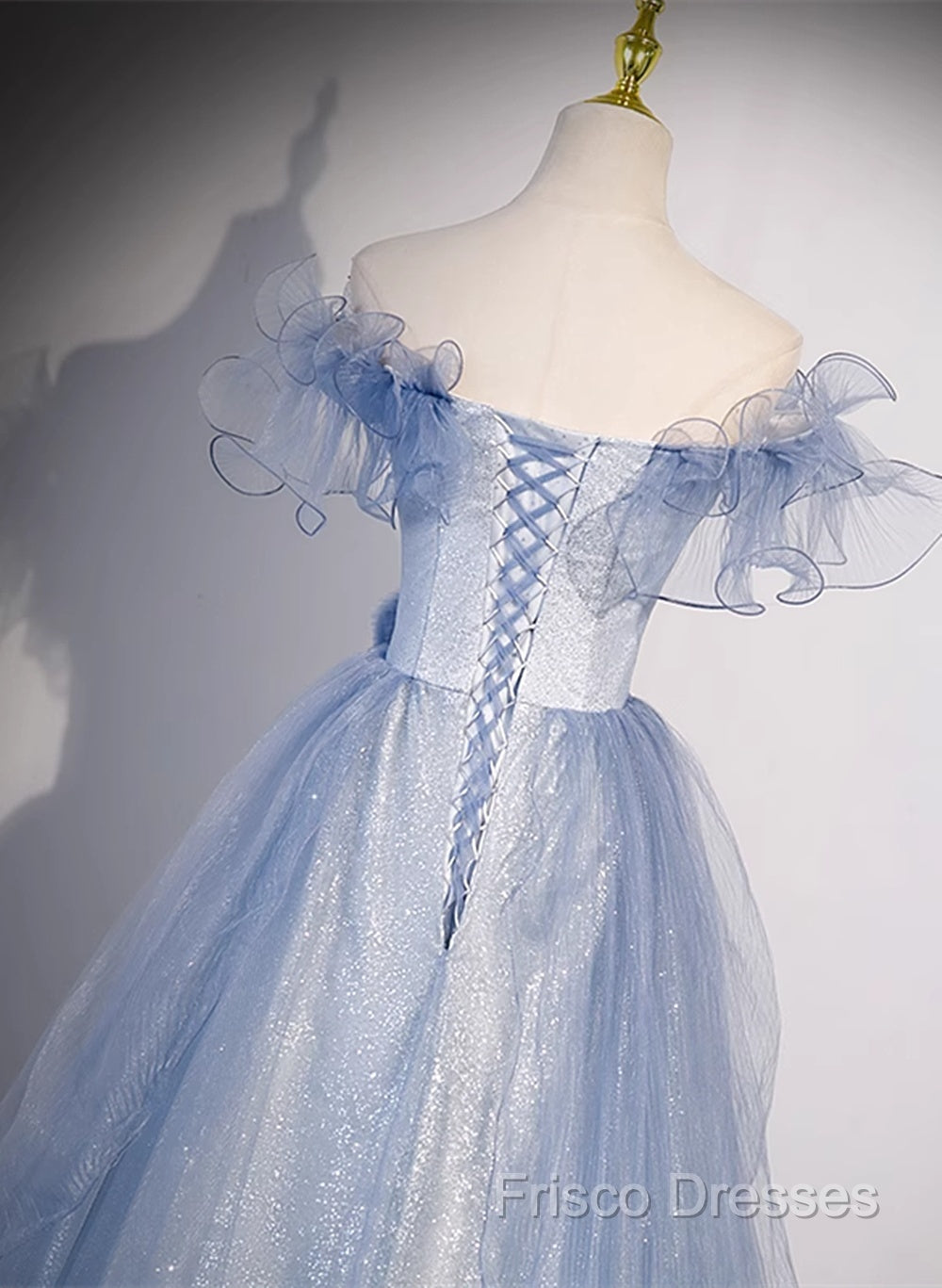 Light Blue Off Shoulder Tulle Sweetheart Formal Dress, Light Blue A-Line Formal Prom Dress