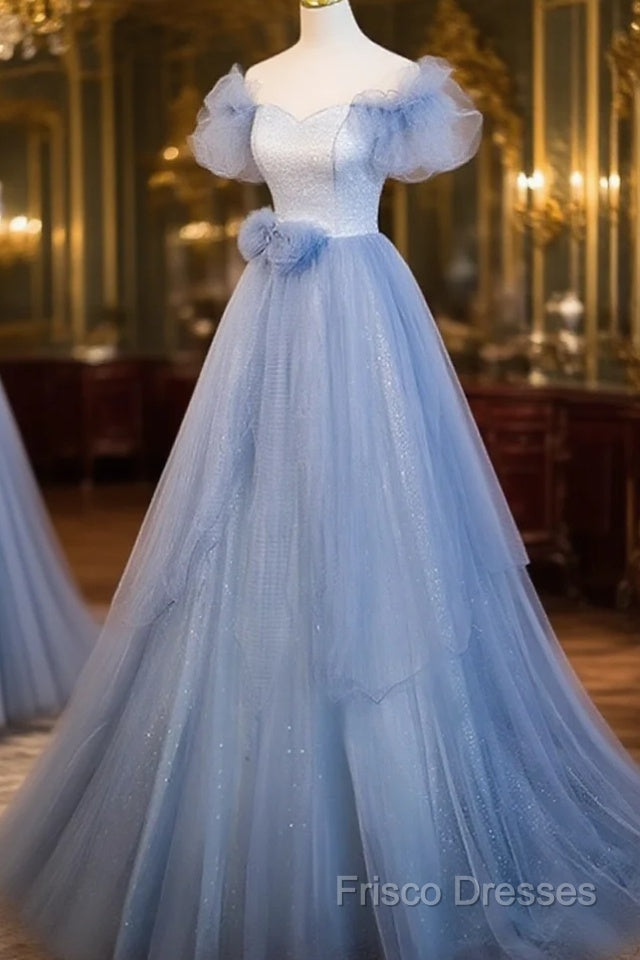 Light Blue Off Shoulder Tulle Sweetheart Formal Dress, Light Blue A-Line Formal Prom Dress Main image