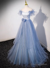 Light Blue Off Shoulder Tulle Sweetheart Formal Dress, Light Blue A-Line Prom Dress