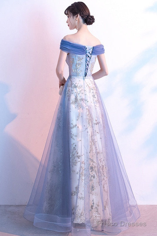 Light Blue Off Shoulder Tulle With Lace Long Evening Dress Prom Dress, Blue Formal Dresses Secondary image