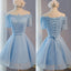 Light Blue off shoulder with short sleeve lace lovely homecoming prom dresses