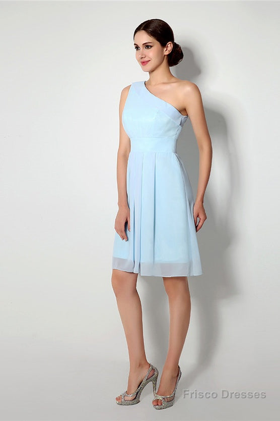 Light Blue One Shoulder Chiffon Knee Length Homecoming Dresses