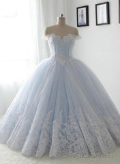 Light Blue Princess Ball Gown Sweet 16 Gown, Tulle Formal Dress With Lace Applique