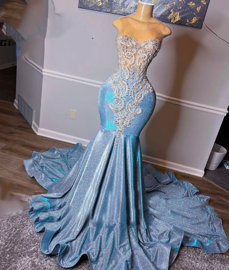 Light Blue Prom Dresses, Crystal Evening Dresses, Sequins Evening Gowns, Mermaid Prom Dresses Main image