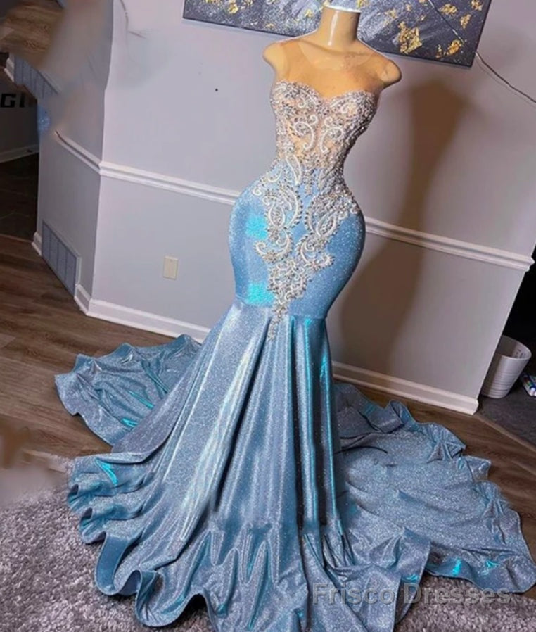 Light Blue prom dresses, crystal evening dresses, sequins evening gowns, mermaid prom dresses Main image
