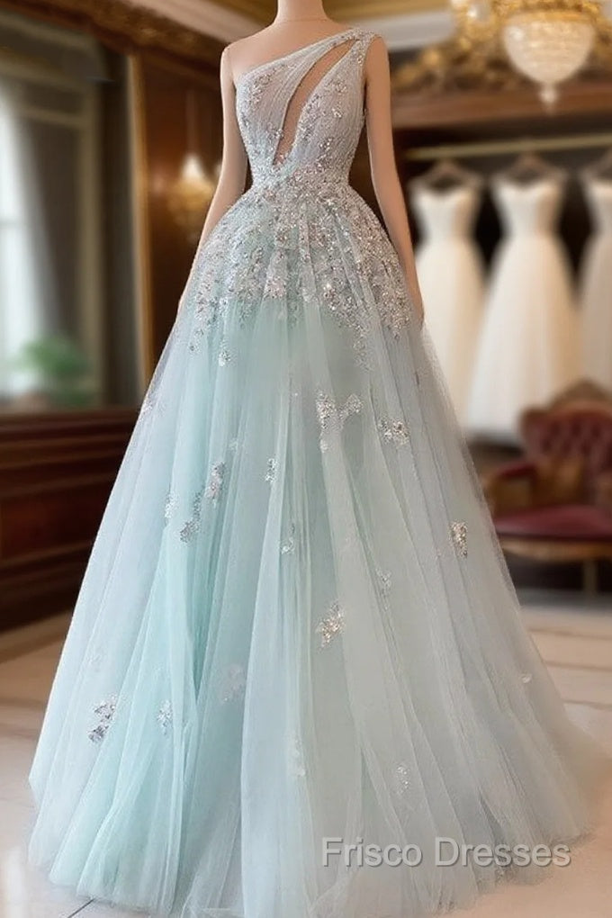 Light Blue Formal Prom Dress One Shoulder Sequin Lace