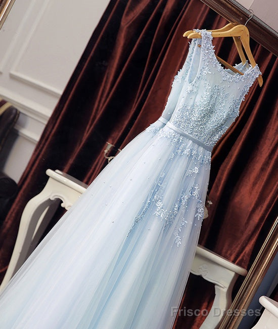 Light Blue Round Neck Lace Tulle Long Prom Dress Blue Evening Dress Secondary image
