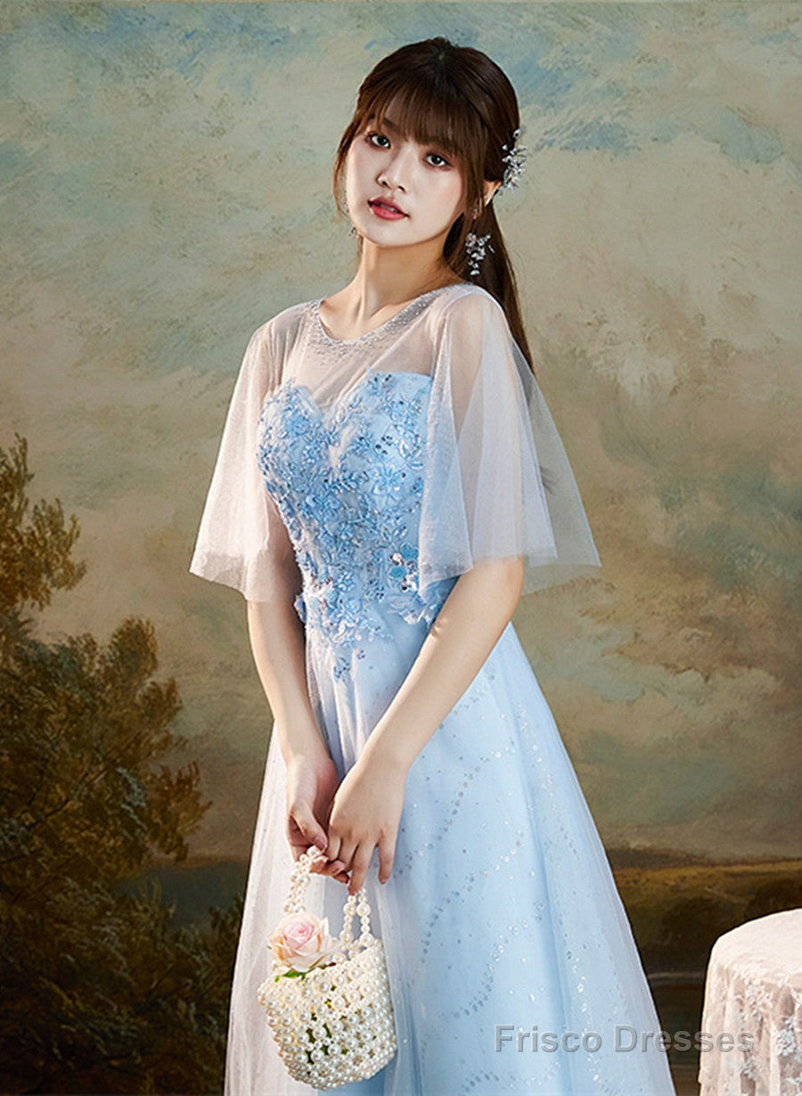 Light Blue Round Neckline Sweetheart Long Party Dress, A-Line Blue Bridesmaid Dresses Secondary image