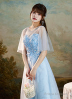 Light Blue Round Neckline Sweetheart Long Party Dress, A-Line Blue Bridesmaid Dresses