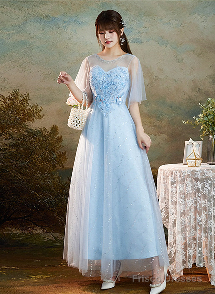 Light Blue Round Neckline Sweetheart Long Party Dress, A-Line Blue Bridesmaid Dresses Main image
