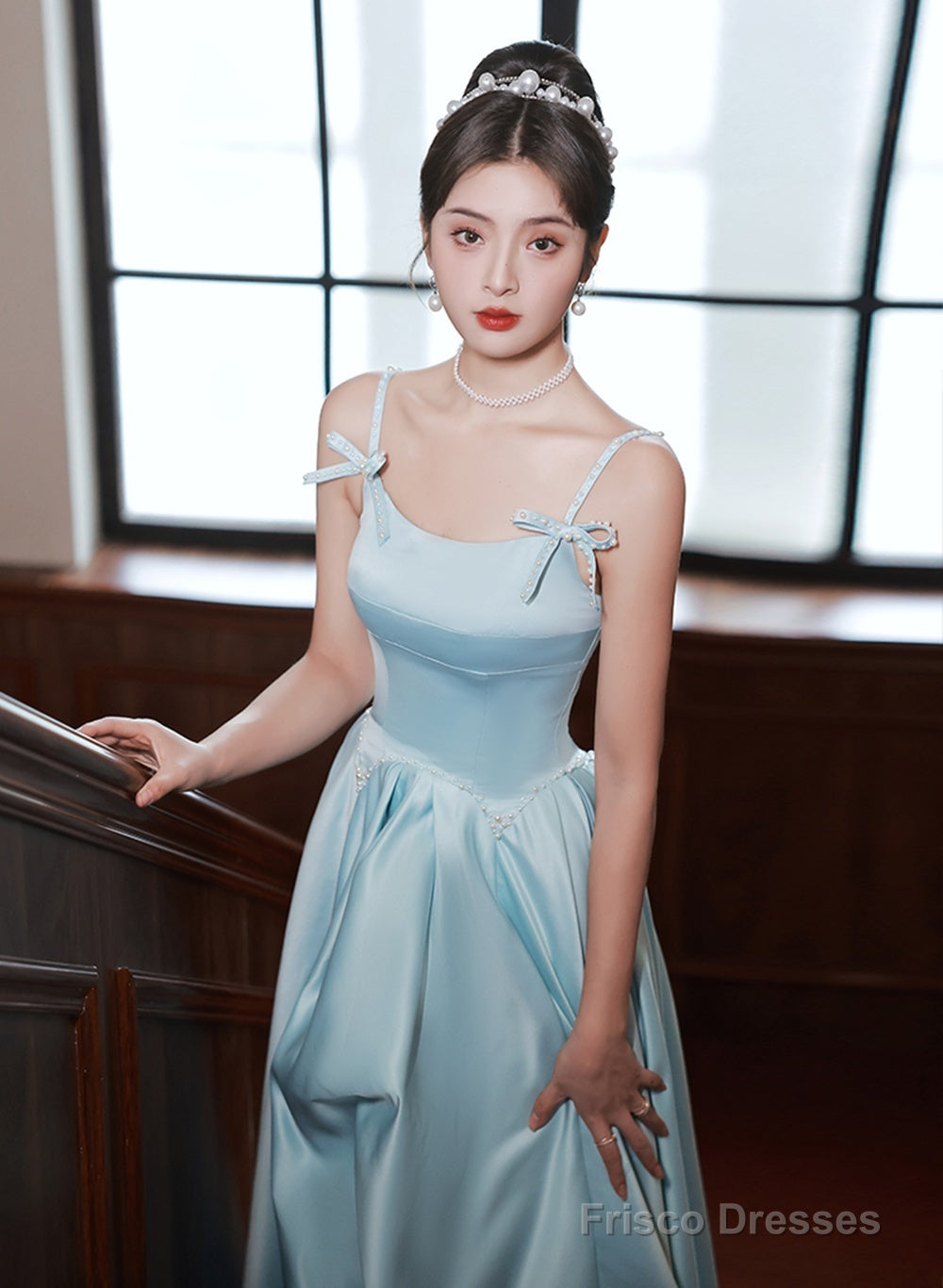 Light Blue Satin A-Line Long Straps Beaded Formal Dress, Blue Long Evening Dress Secondary image
