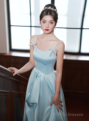 Light Blue Satin A-Line Long Straps Beaded Formal Dress, Blue Long Evening Dress