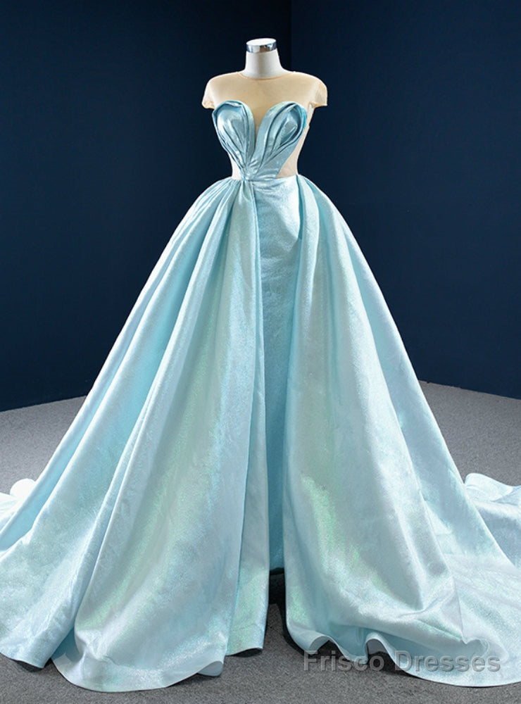 Light Blue Satin Cap Sleeve Illusion Pleats Prom Dress Main image