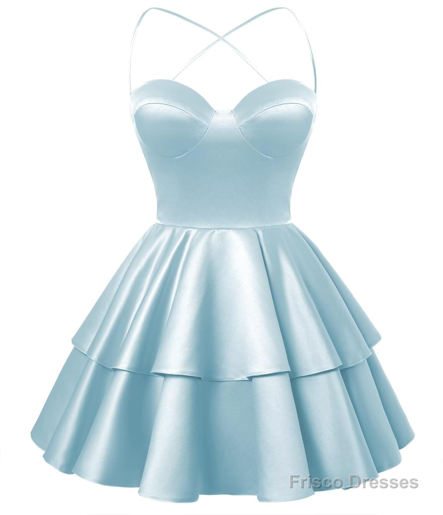 Light Blue Satin Homecoming Dress Sweetheart Neck Tiered Short Graduation Dresses Main image